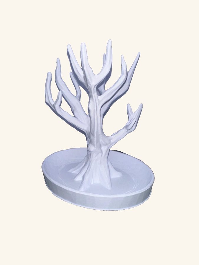 White 3D printed jewellery and ring holder tree
